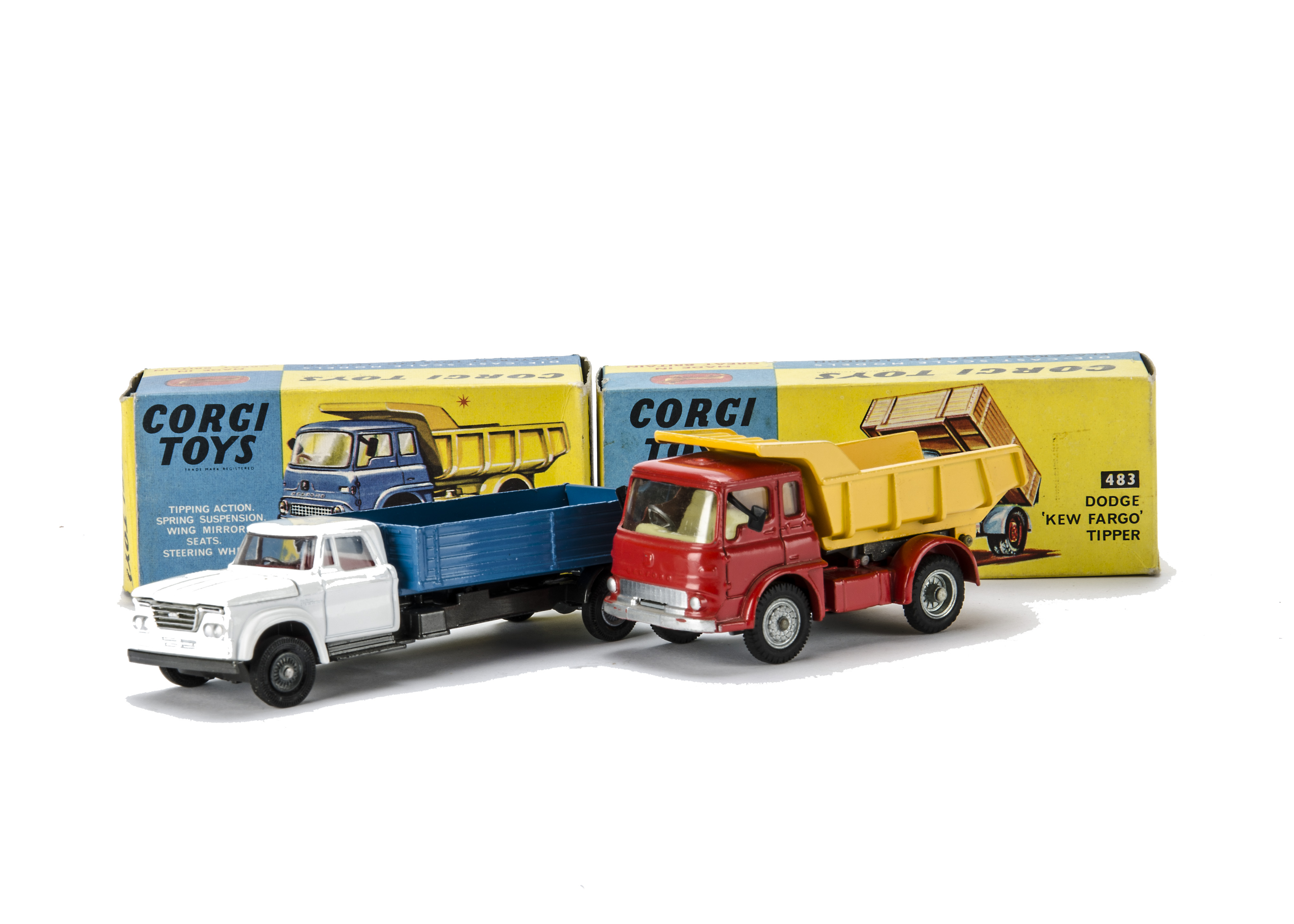 Corgi Toys 494 Bedford Tipper Truck, 483 Dodge Kew Fargo Tipper, in original boxes, E, boxes G-VG (