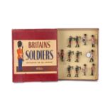 Britains set 9428 Drum & Pipe Band, Irish Guards, restrung in ROAN box, VG in G box, minor