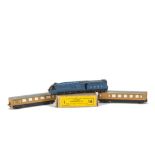 A Dinky Toys 16 Express Passenger Train Set, comprising blue/black 'LNER' loco, brown/grey