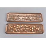 Two Newlyn arts and crafts copper rectangular trays, one embossed with three fish swimming amongst