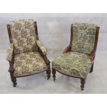 A matched pair of his and hers Victorian stained beech fireside chairs, with stuff over seats and