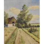 Christian Pedersen, Danish, 20th Century, oil on canvas, landscape with cottage and drive, pine