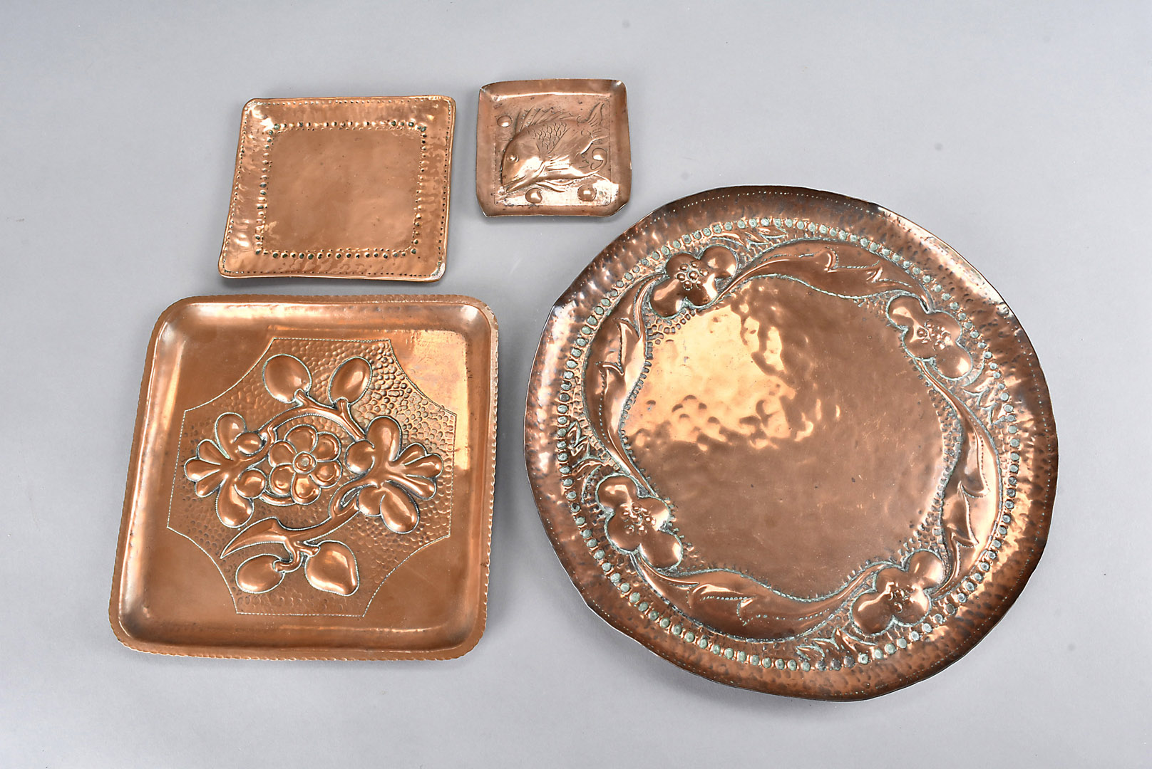 A John Pearson rectangular hammer beaten copper tray, with banded design, signed to reverse JP,