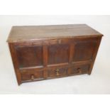 An 18th Century and later oak mule chest, with peg and wire hinges, candle box, and three lower