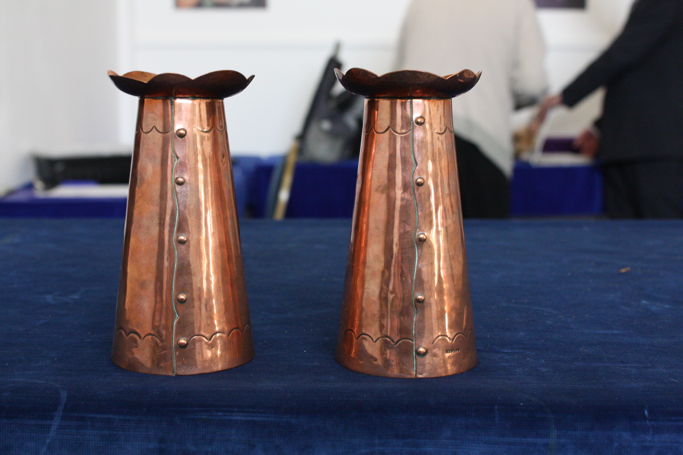 A pair of Newlyn copper arts and crafts vases, of tapering design with flared crimped rims, - Image 2 of 4