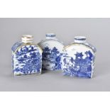Three 18th Century Chinese exportware rectangular blue and white tea caddies, all with similar