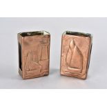 Two Newlyn copper match box surrounds, of rectangular shape, both embossed with fishing boat, one