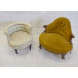 An Edwardian button backed, oak framed corner chair, with mustard upholstery together with an