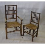 A set of eight country chairs, with rush seats, spindle backs to include two carvers (8)