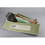 A leather Peter Jones desk tidy, a pig skin leather handkerchief case, a garden sieve, pewter pen