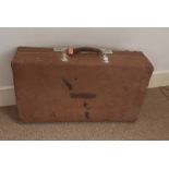 A gentleman's pig skin leather travelling suitcase, with canvas protector, having hinged top