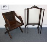 A 19th Century oak X frame ecclesiastical chair, with carved central back splat and leaf carved