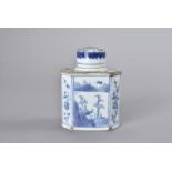An 18th Century Chinese blue and white porcelain tea caddy, of octagonal shape, the two larger