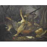 J Dennis, oil on canvas, Still Life of Game Bird and Hare, with a shotgun in the background and