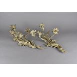 A pair of gilt metal three branch wall lights, in the rococo style, 55 cm (2)