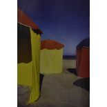 A set of three John Batho prints, all showing various brightly coloured parasols on a beach, all