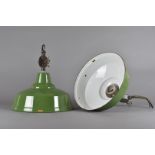 A set of five enamel 'Real' ceiling lamps, decorated in all over green glaze, max 40 cm high with