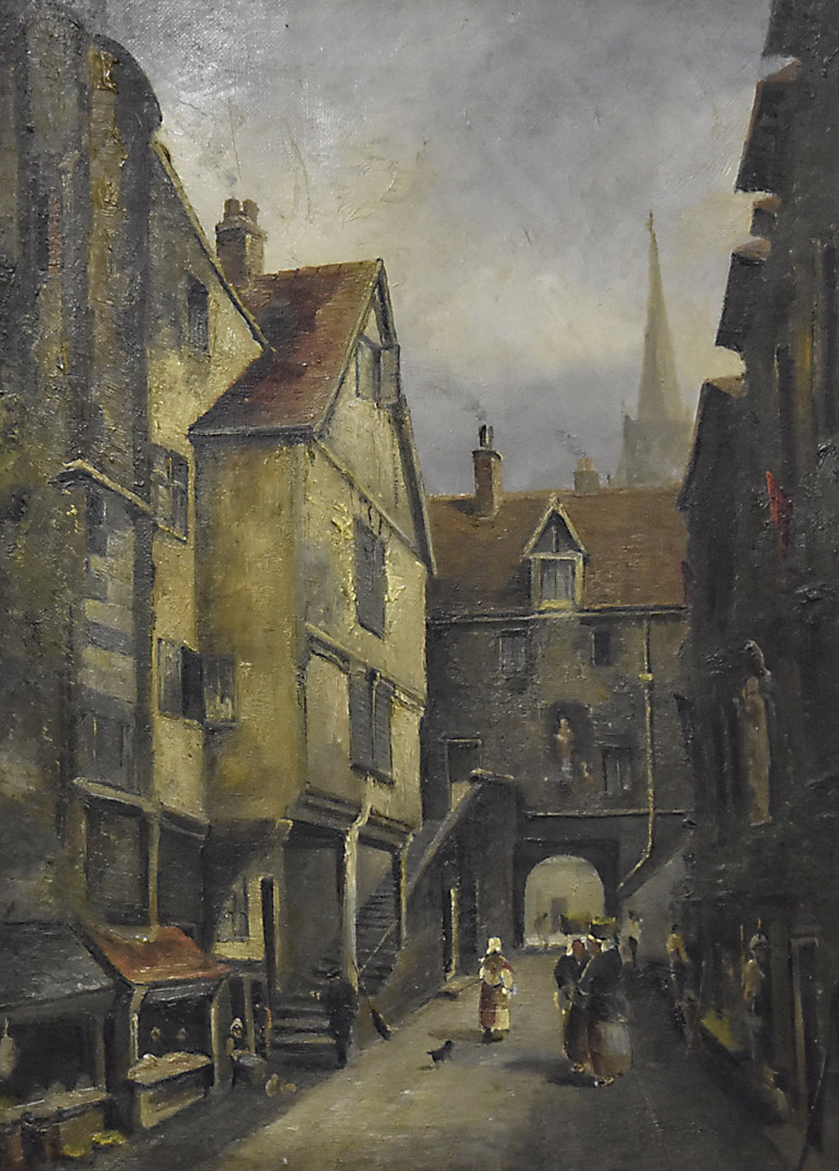 Charles P Pitt, 19th Century, British, oil on canvas, continental street scene with spire to