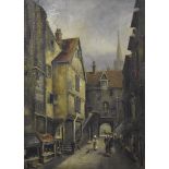 Charles P Pitt, 19th Century, British, oil on canvas, continental street scene with spire to
