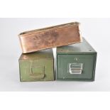 Two small vintage filing drawers, in green, together with a small copper planter (3)