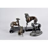 After P.J Mene, two bronze figure of whippets, together with a small bronze figure of a whippet,
