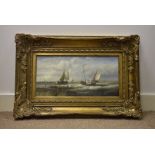 J Derbar, 20th Century, oil on board, marine scene of Dutch fishing vessels in modern ornate gilt