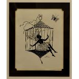 Eva Schonberg, paper silhouette, depicting a caged girl in fancy dress with butterfly to top right