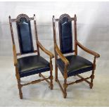 A pair of Jaycee Furniture Ltd oak carvers, with carved back rails, turned supports and green