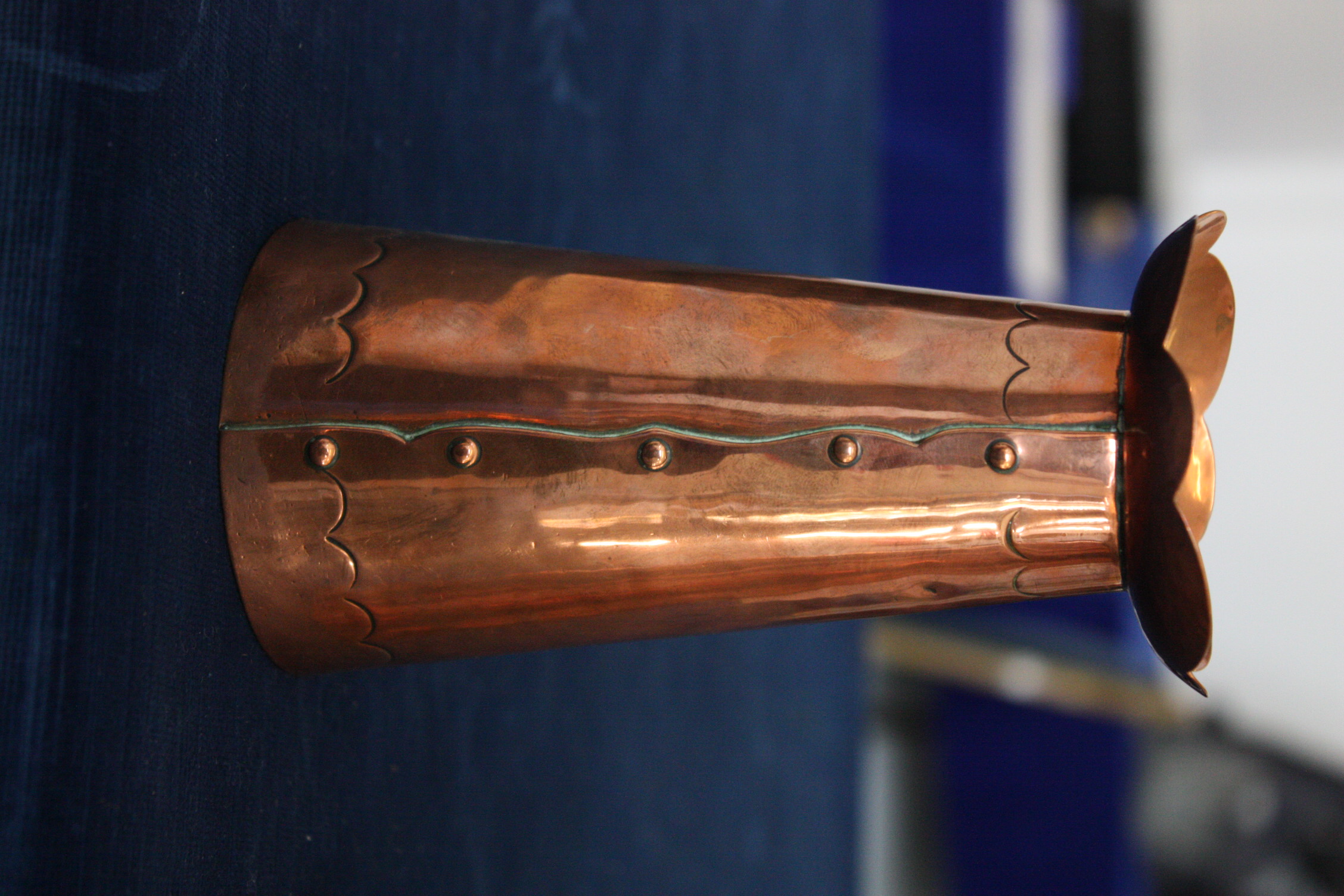 A pair of Newlyn copper arts and crafts vases, of tapering design with flared crimped rims, - Image 4 of 4