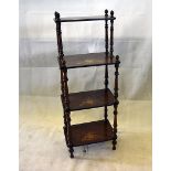 An Edwardian walnut and satinwood inlaid four tier whatnot, the four tiers with spindle supports all