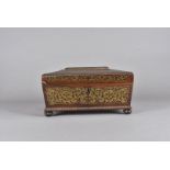 A William IV rosewood and brass sarcophagus shaped jewellery box, egg and dart border, with later