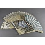 Five 19th Century continental bone fans, some with lace others with painted floral scenes
