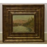 A continental school, 20th Century, oil on canvas, mountain cliffs and river scape, signed and