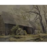 J Carter, watercolour on paper, depicting farm out buildings, with two wheeled cart, signed to