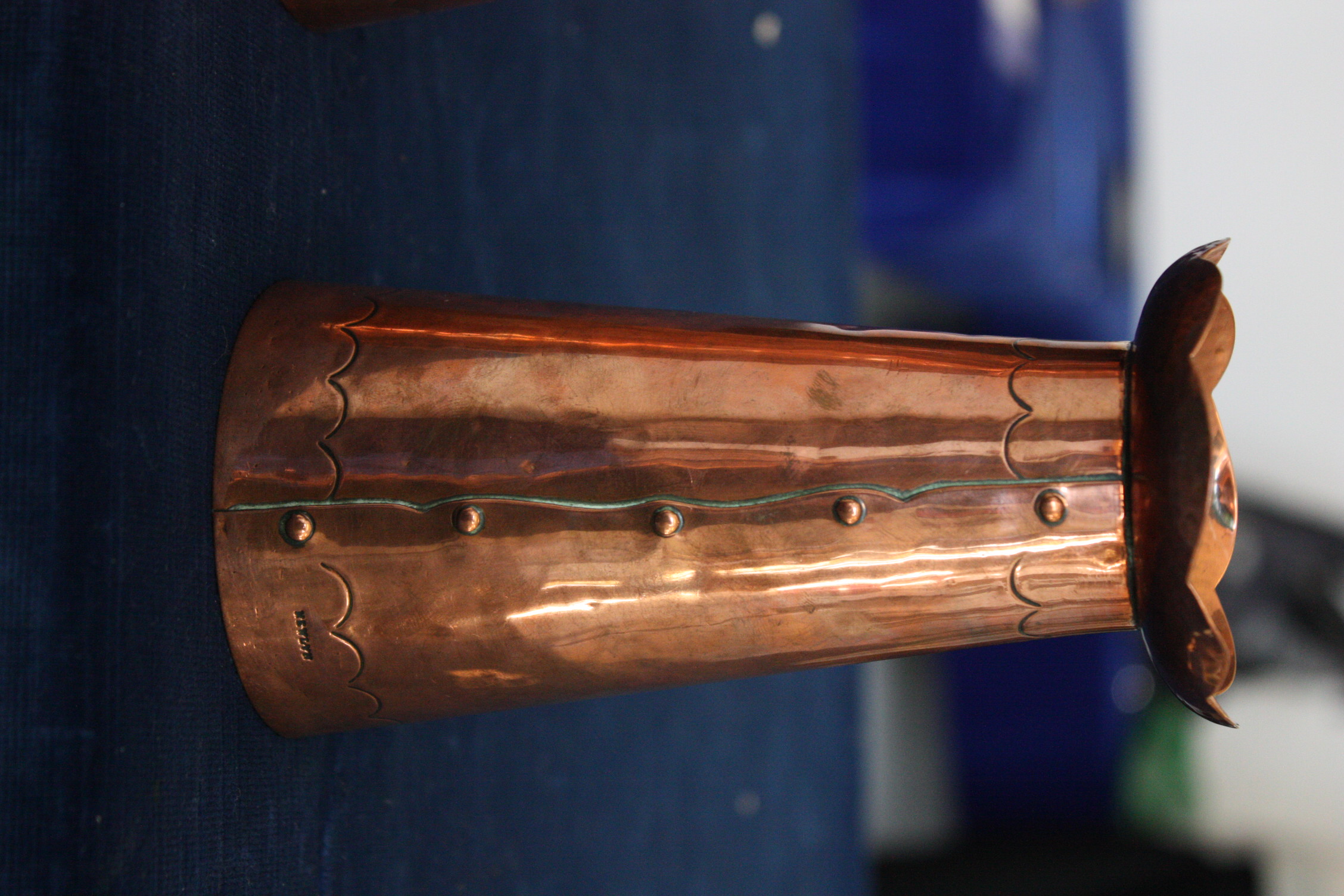 A pair of Newlyn copper arts and crafts vases, of tapering design with flared crimped rims, - Image 3 of 4