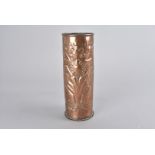 An arts and crafts copper sleeve vase, decorated with feeding fish with central seaweed and shell