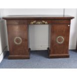 A Regency mahogany veneered twin pedestal sideboard, fitted with three frieze drawers, central