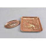 Two Newlyn arts and crafts copper small trays, both with fish design, one square, 15.3 cm, the other