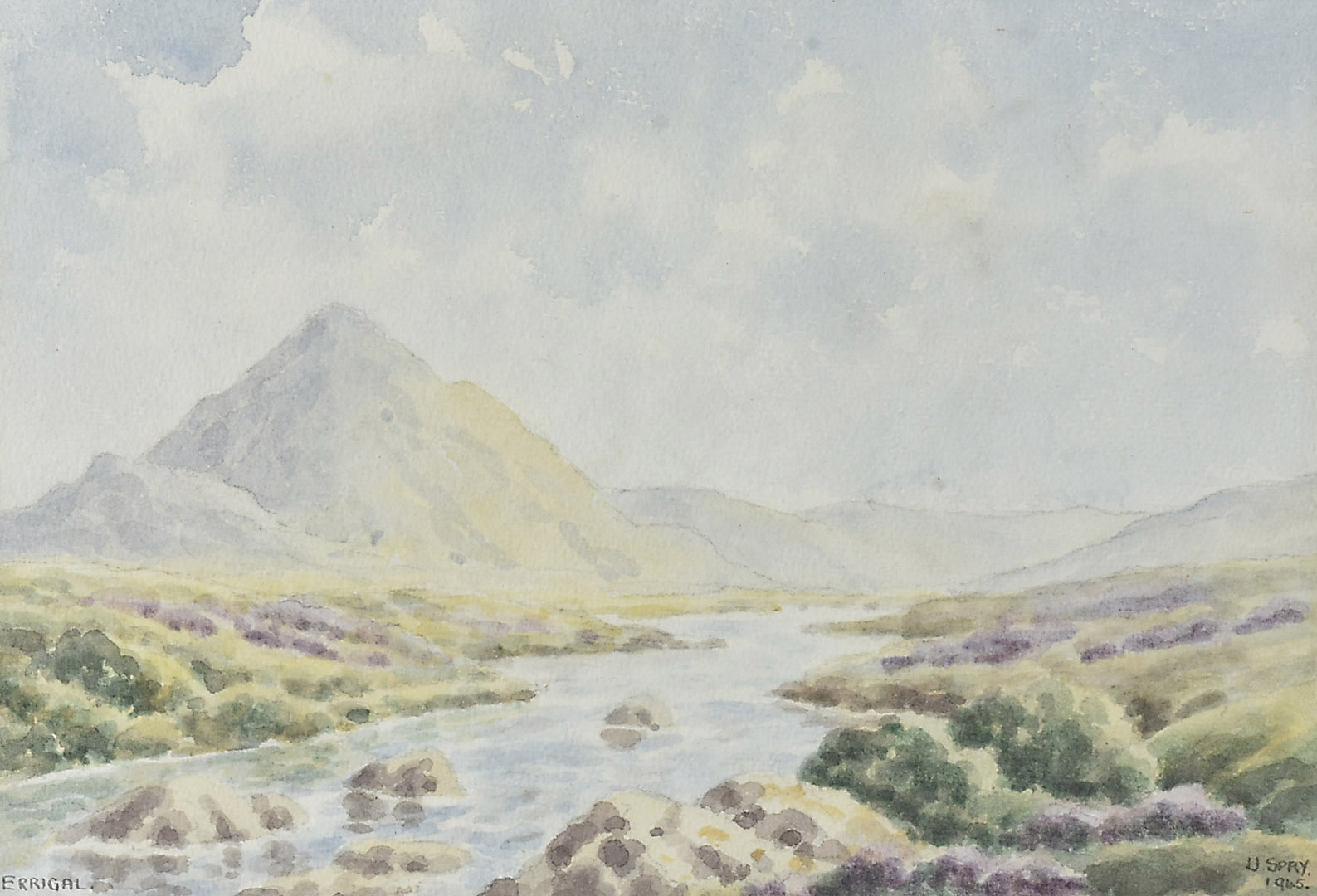 U Spry, watercolour, Errigal Mountain, 17 cm x 24.5 cm together with five 19th framed prints (6)