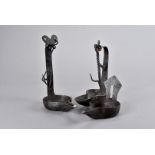 Three pairs of 19th Century steel cruise oil lamps, the wax drip pans with elongated wick holders on