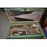 A green painted oak and pine tool box, containing a large collection of tools, box 99 cm x 47 cm x