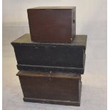 Three painted pine trunks, including a mid shipman sailors box, length 94 cm (3)