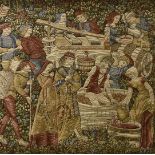 A modern wall hanging tapestry, depicting figures in vineyard amongst foliage, 135 cm x 126 cm