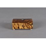 A 19th Century tortoiseshell box, of casket shape on ivory bun feet, 7.5 cm x 5 cm x 2.7 cm high