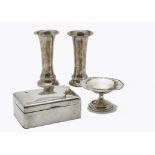A pair of George V silver filled vases, together with a similar period cigarette box and a small