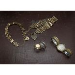 A collection of 9ct gold and yellow metal jewellery, including a gatelink bracelet, another