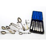 A collection of silver and silver plated flatware and cutlery, including a Victorian silver
