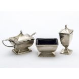 An Art Deco silver three piece cruet set by S & Co Ltd