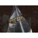 A Victorian 18ct gold sapphire and diamond ring, three round blue stones and four rose cuts, one