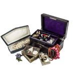 A collection of jewellery, some contained in an old jewellery box, with a Canada geese brooch and